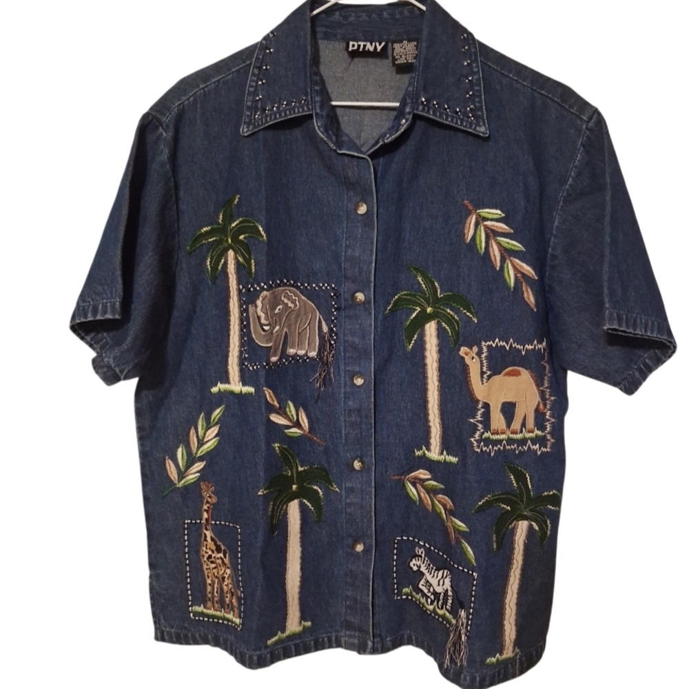PTNY Vintage Women's Embroidered Denim Shirt‎ - Blue Sz M